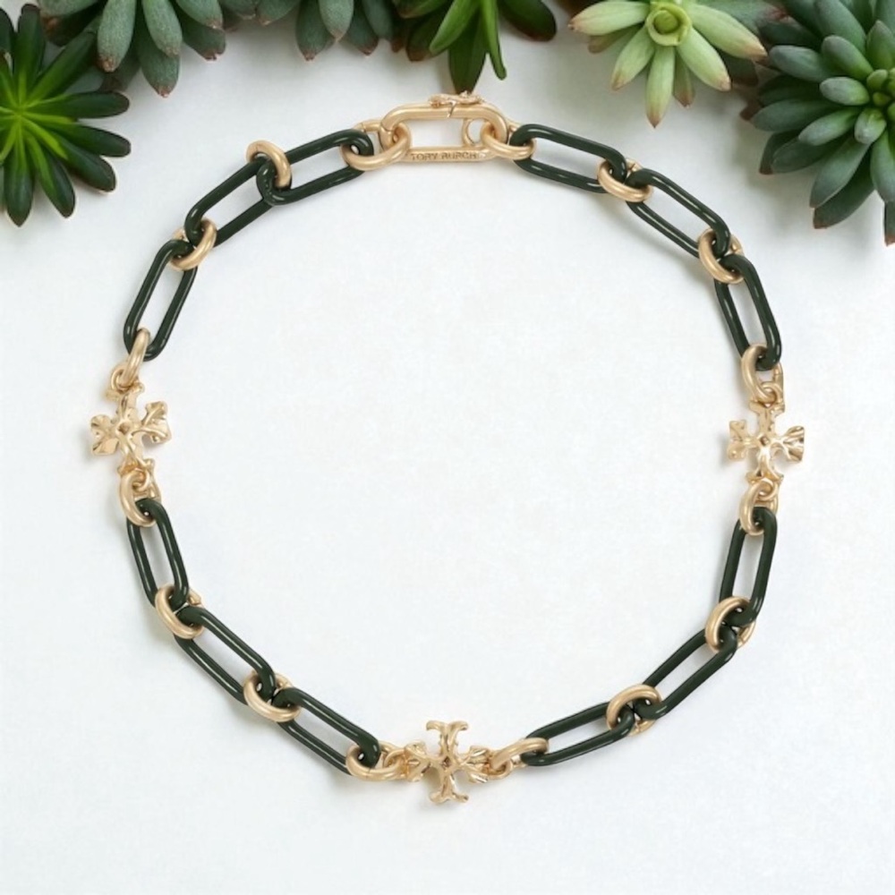 Tory Burch Roxanne Double-T Station Necklace - Rolled Tory Gold/Green NWT/pouch